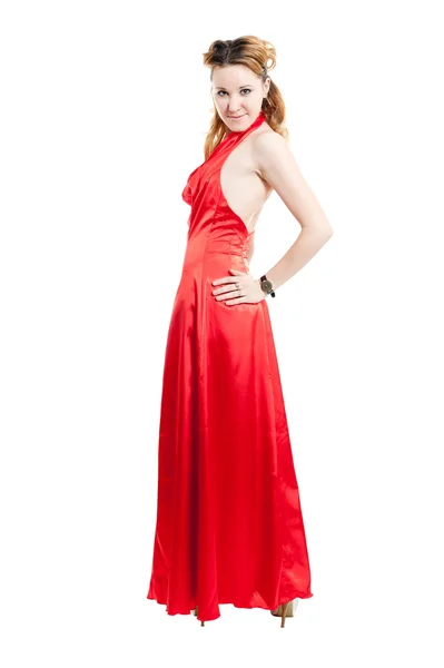 Kırmızı Elbiseli Güzel Kız Beyaz Arka Planda Izole Edilmiş — Stok fotoğraf