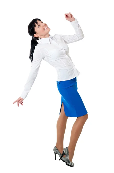 Schoonheid Vrouwen Wit Overhemd Blauwe Rok Geïsoleerd Witte Achtergrond — Stockfoto