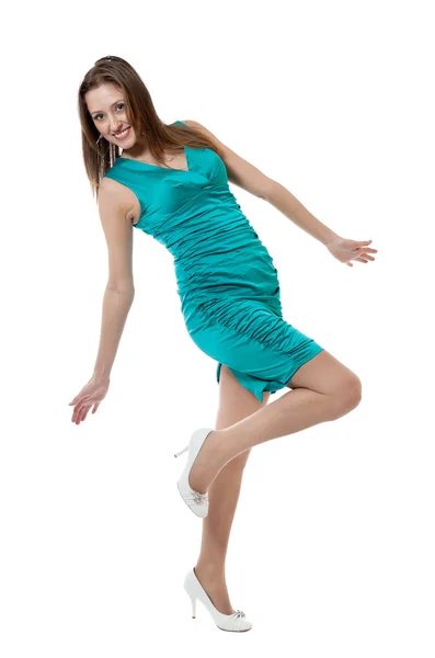 Women Turquoise Color Dress Isolated White Background — Stock Photo, Image