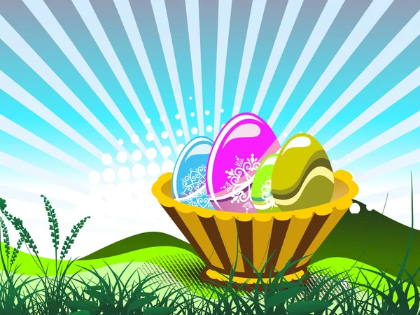 Háttér, a kosárban színes díszített tojás — Stock Vector