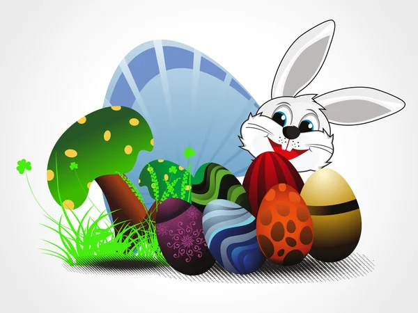Bakgrund med färgglada ägg, svamp och kanin — Stock vektor