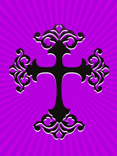 Fond de rayons violets avec croix noire — Image vectorielle