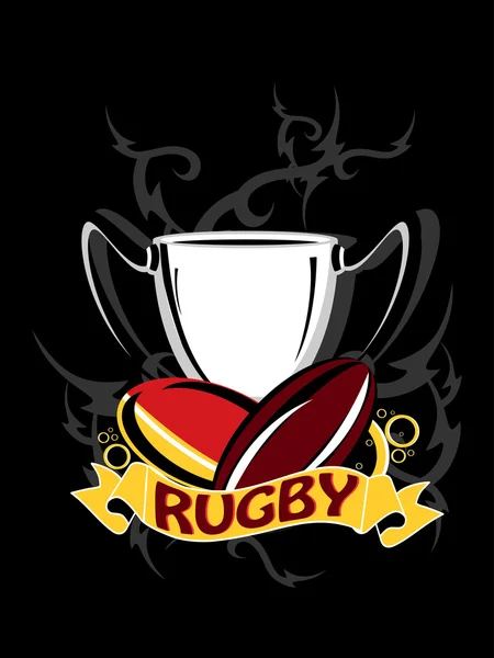 Achtergrond met rugbybal, trophy en lint — Stockvector