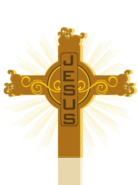 Croix décorée avec fond de rayons — Image vectorielle