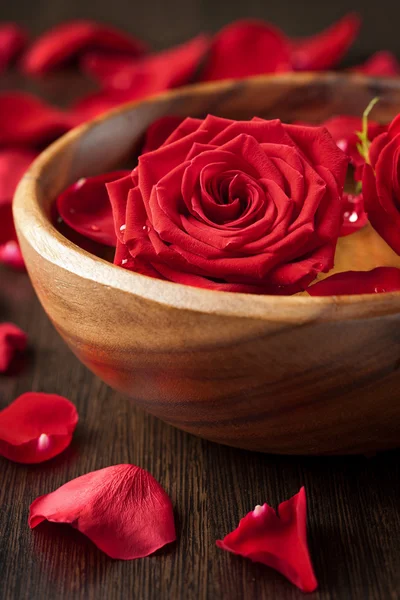 Red roses in wooden bowl — Stock Photo, Image