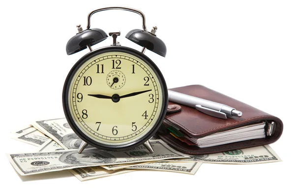 Alarm clock and money isolated — Stock Photo, Image