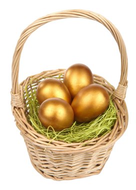 Golden easter eggs in basket isolated clipart