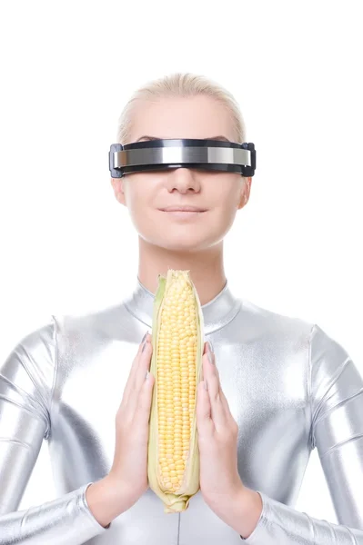 Cyber woman with a corn — Stock Photo, Image