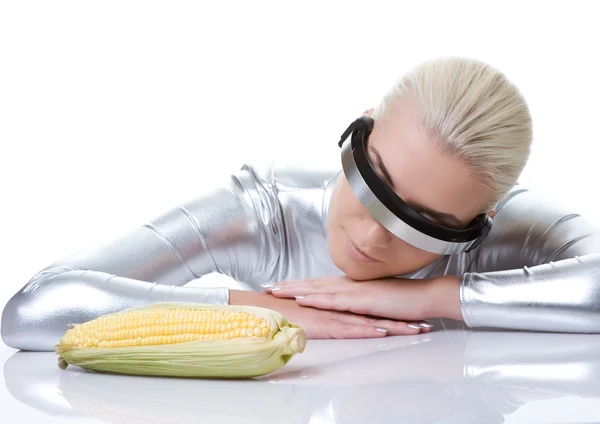 玉米的实时荧光女人 — 图库照片