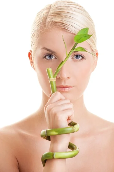 Красивая молодая женщина с бамбуковым растением — стоковое фото