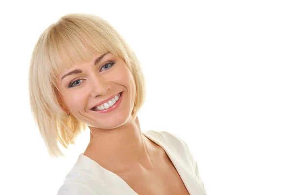 Portret van een mooie blonde vrouw geïsoleerd op witte achtergrond — Stockfoto