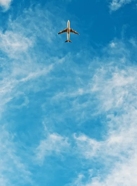 Vliegtuig dat in de blauwe lucht vliegt — Stockfoto