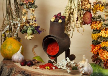 Handmill, spice and dry flowers clipart