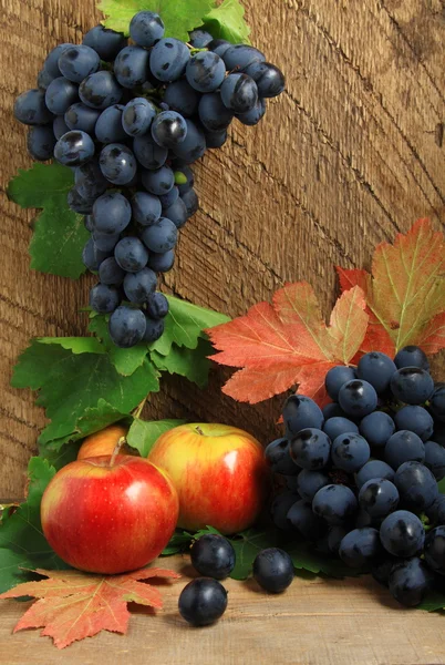 Зрізати яблука, осіннє листя і букет винограду — стокове фото