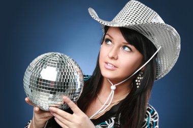 Sexy blue-eyed brunette with disco ball clipart