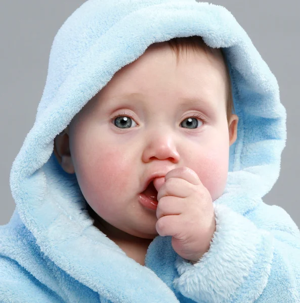 Adorable Baby Boy Blue Bathrobe Grey Background — Stock Photo, Image