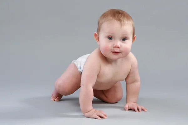 Little Boy Pampers Crawling Grey Background — Stock Photo, Image