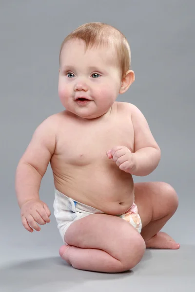 Little Boy Pampers Sitting Grey Background — Stock Photo, Image