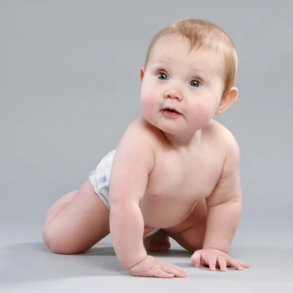 Adorable Baby Grey Background — Stockfoto
