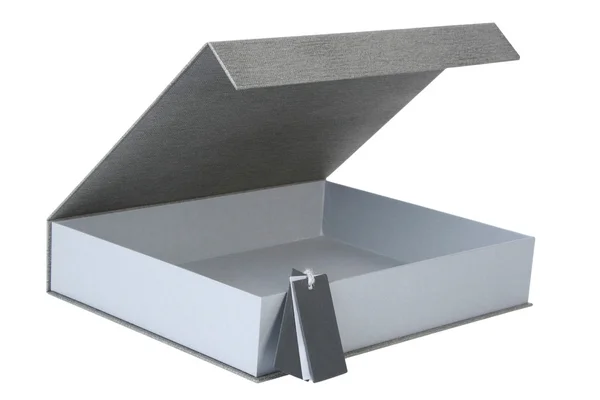 Geschenkbox graue Farbe auf weißem Hintergrund — Stockfoto