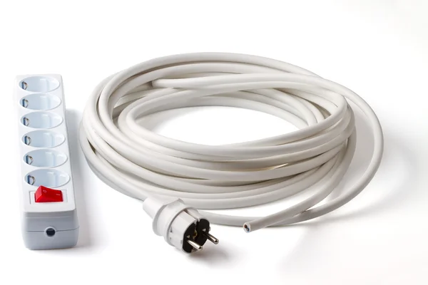 Enchufe Toma Cables Eléctricos Aislados Sobre Fondo Blanco — Foto de Stock