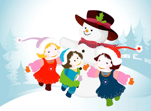 Sneeuwpop en kinderen — Stockfoto