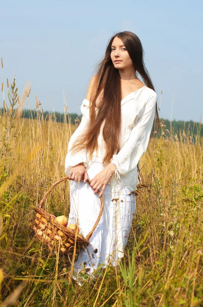 Krásná žena s busket na letní pole — Stock fotografie