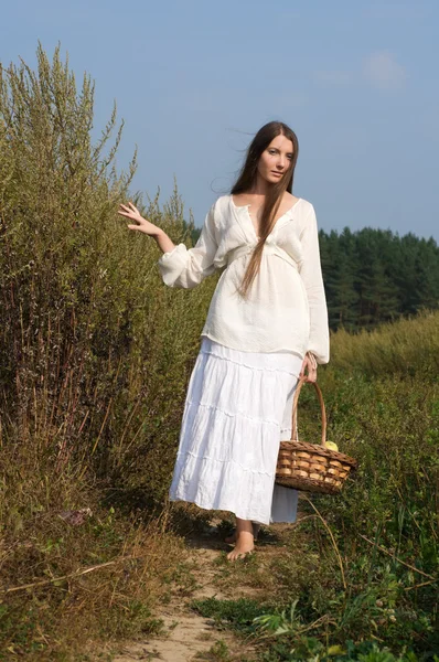 Mulher bonita com buquê no campo de verão — Fotografia de Stock