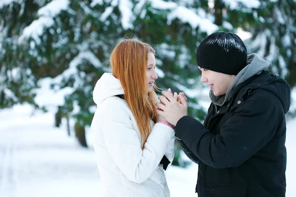 Guy e la ragazza godono di passeggiata invernale — Foto Stock
