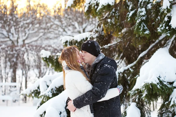Guy e la ragazza godono di passeggiata invernale — Foto Stock