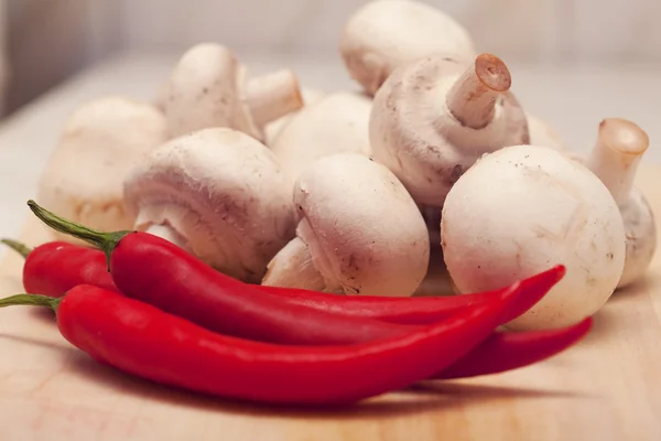 Red Hot Chili Pepper Mushrooms Board Cooking — Stock Fotó