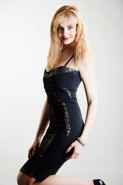 Young Beautiful High Blonde Black Dress — Stock Photo, Image