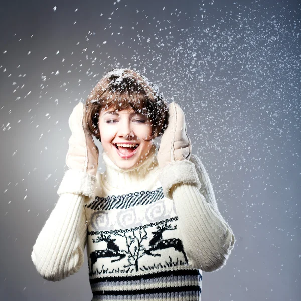 Young Beautiful Girl Rejoices Snow Dark Blue Background Stock Image