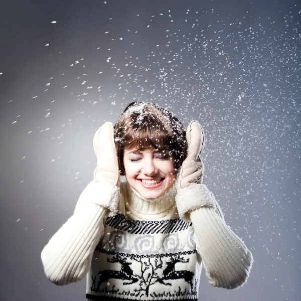 Young Beautiful Girl Rejoices Snow Dark Blue Background Stock Photo