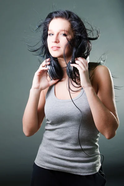 Hogy Zenéket Egy Fül Telefonok Lány Tánc — Stock Fotó