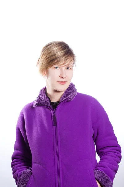 Jovem Mulher Uma Camisola Violeta Quente Retrato — Fotografia de Stock