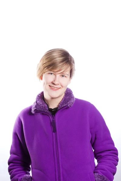 Młoda Kobieta Ciepły Sweter Fiolet Portret — Zdjęcie stockowe