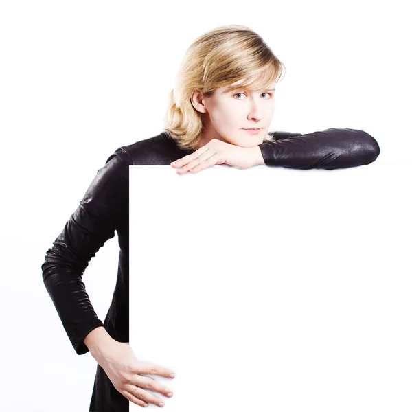 stock image Young attractive woman and empty white board