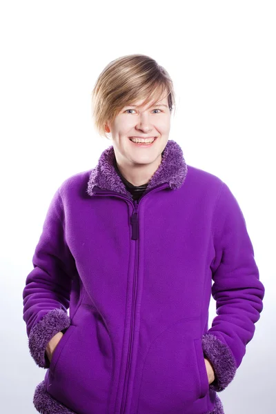 Young woman in a warm violet sweater — Stock Photo, Image