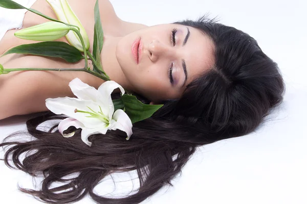 stock image Beautiful woman with lily