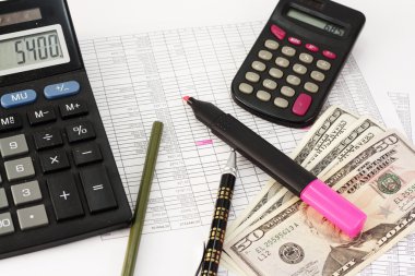 Account statements, credit calculations, calculators, pen and dollar bills clipart