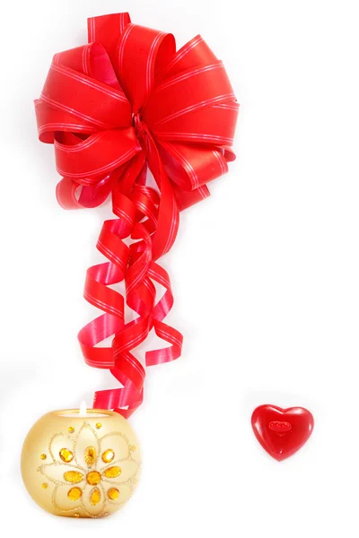 Red Ribbon Heart Burning Candle Isolated White Background — Stock Photo, Image