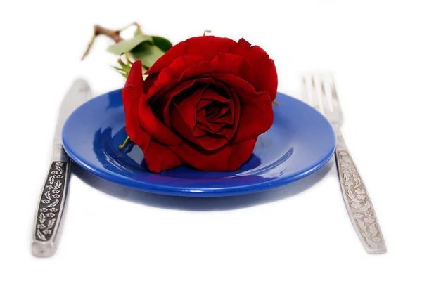 stock image Red rose on a plate with utensils isolated on a white background