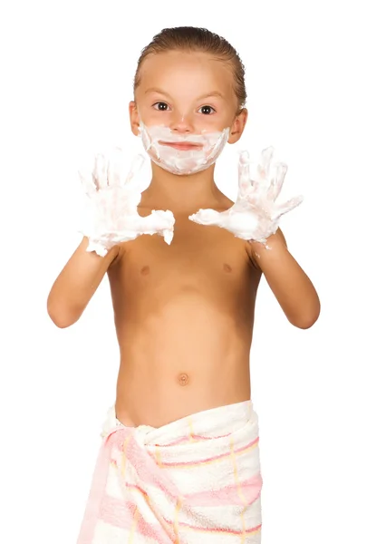 Μικρό Αγόρι Ξύρισμα Απομονωθεί Λευκό Φόντο — Stock fotografie