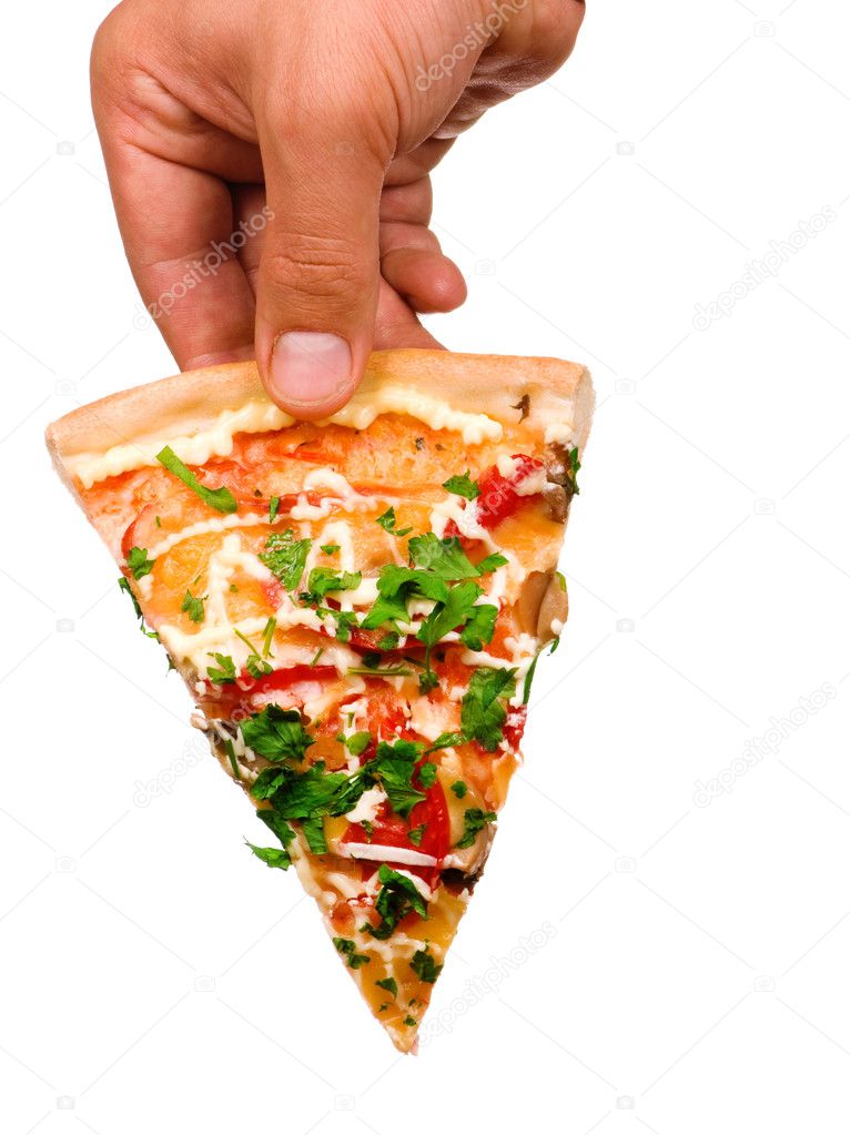 Hand holding cut off slice pizza isolated on white background