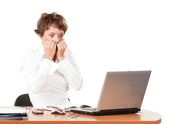 Mulher Negócios Bonita Trabalhando Com Laptop Isolado Fundo Branco — Fotografia de Stock