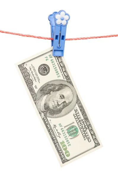 One hundred dollar on clothesline — Stock Photo, Image