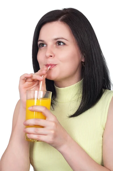 Mulher com um copo de suco de laranjas — Fotografia de Stock