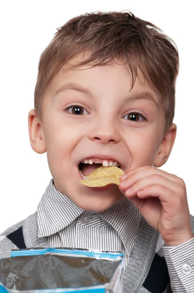 Chico con patatas fritas —  Fotos de Stock