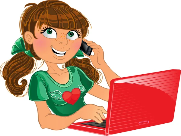 Menina de cabelos castanhos com telefone e laptop vermelho — Vetor de Stock